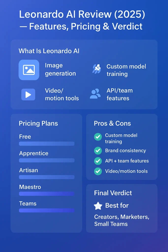 “Leonardo AI Review 2025 infographic showing key features, pricing, pros and cons, and verdict in a modern blue and silver futuristic design.