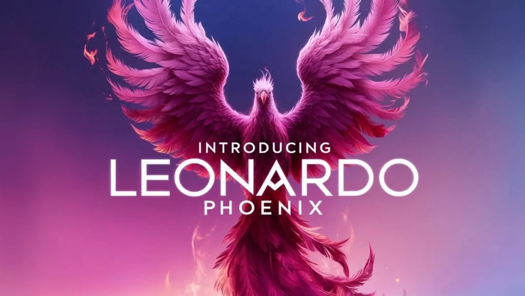 “Infographic showing Leonardo AI Phoenix 2025 features: Ultra Mode, Quality Mode, Balanced Mode, Flow State, Real-Time Canvas, Universal Upscaler, and API automation, with comparison to Midjourney and SDXL.”