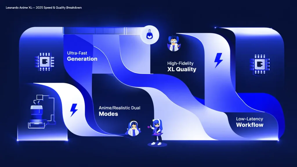 “Infographic explaining Leonardo Lightning XL’s 2025 speed, quality, and AI image-generation features with a futuristic blue neon design.”