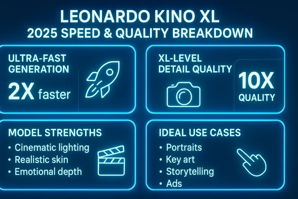 “Futuristic infographic showing Leonardo Kino XLs 2025 speed and image-quality breakdown with neon accents and glassmorphism panels.”