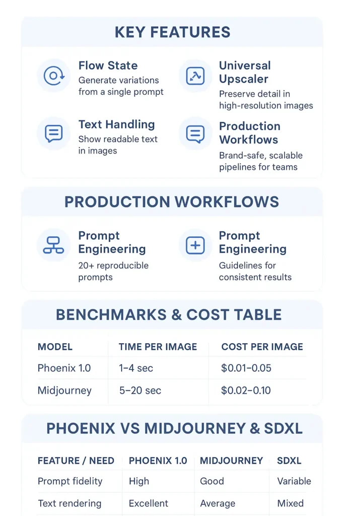 "Infographic showing Leonardo Phoenix 1.0 features for 2025, including Flow State, Universal Upscaler, prompt engineering tips, API integration with Replicate and Cloudflare, production workflows, cost benchmarks, and comparison with Midjourney & SDXL."