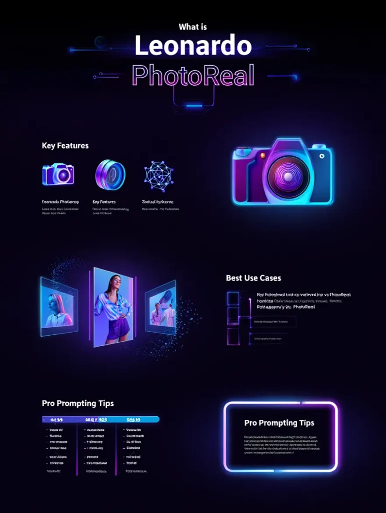 “Futuristic infographic explaining Leonardo PhotoReal features, use cases, model comparison, and prompting tips in a high-contrast electric blue and neon purple design.”