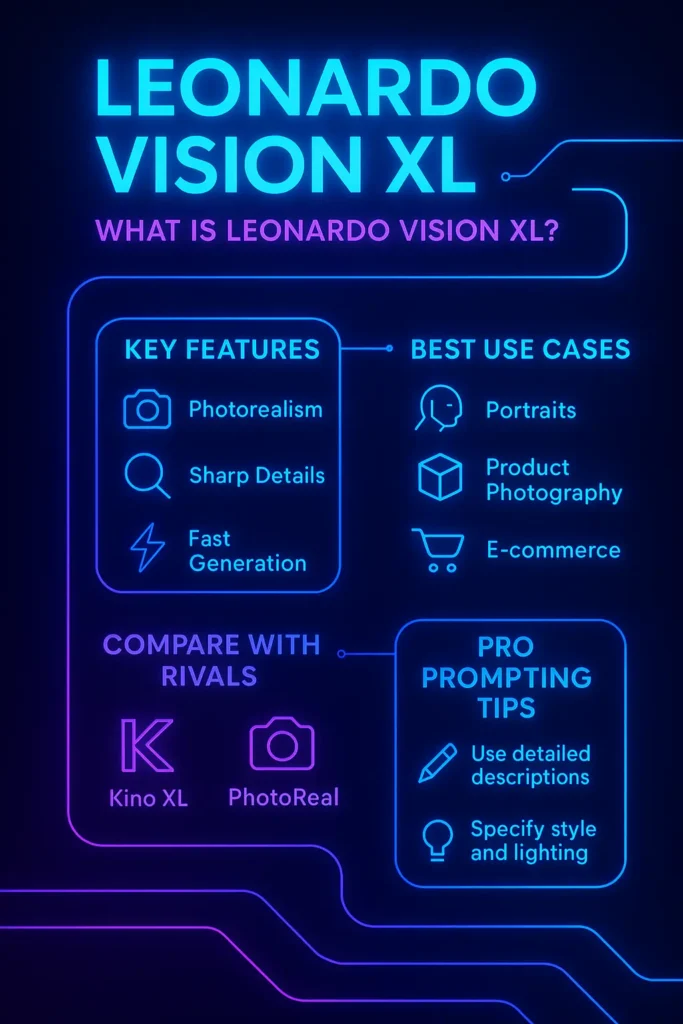 “Infographic explaining Leonardo Vision XL features, benefits, and comparison with other AI models—showing key highlights, use cases, and pro prompt tips in a modern neon-tech design.”