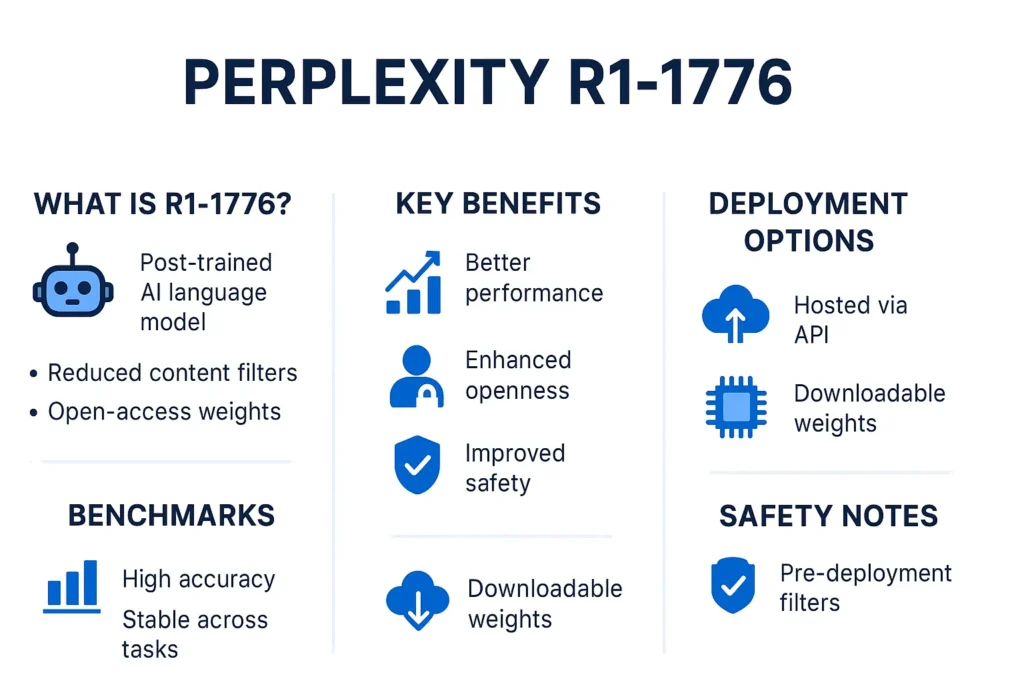  “Infographic summarizing Perplexity R1-1776 features, benchmarks, deployment workflow, and safety guidelines.