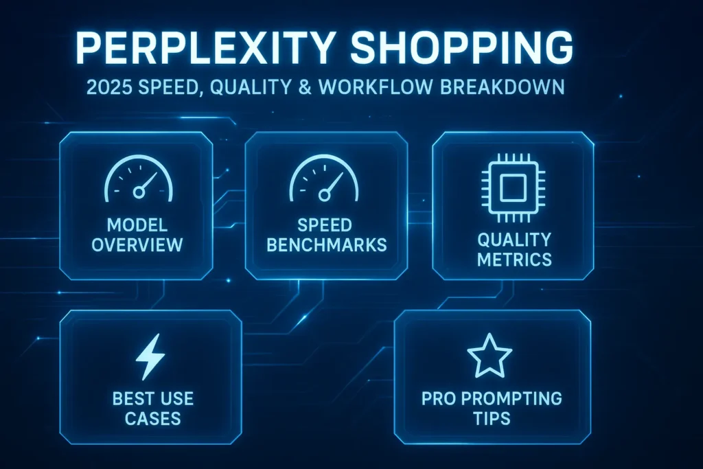 “Infographic showing Perplexity Shopping 2025 speed, quality benchmarks, workflows, and AI use-case breakdown with futuristic blue neon design.”