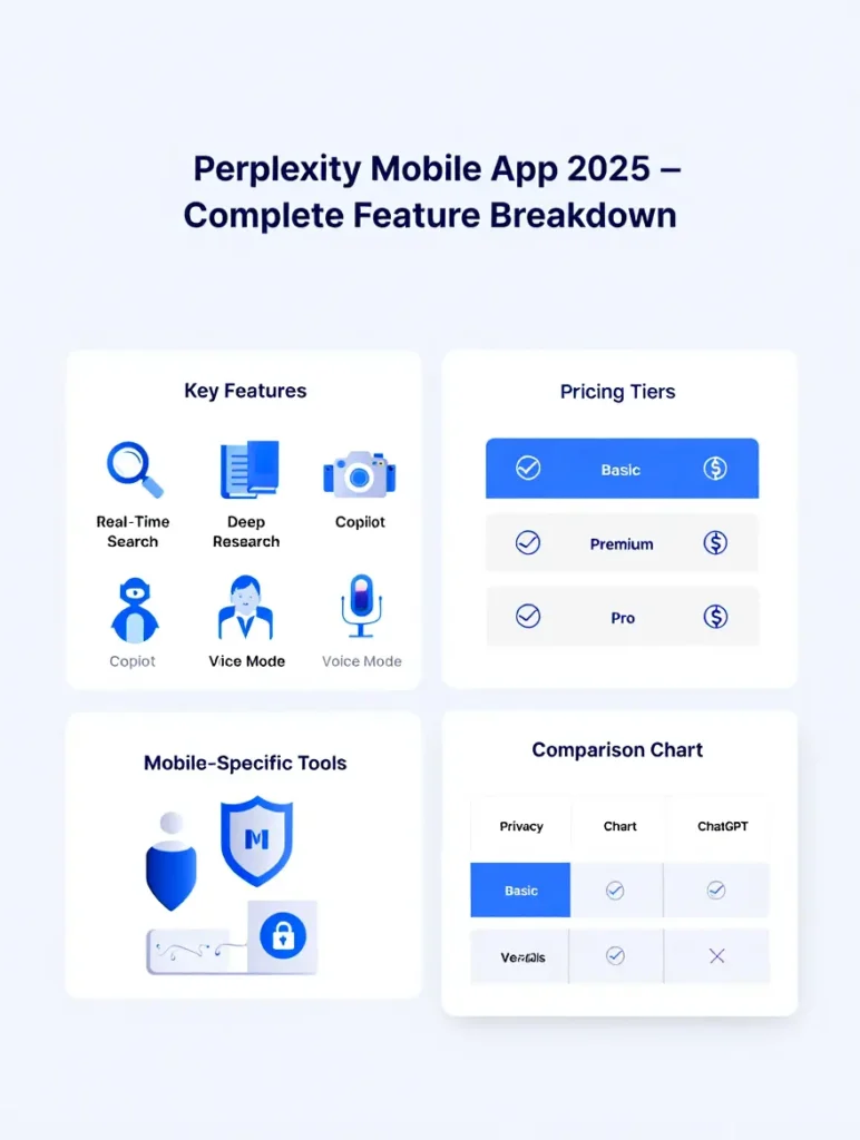 “Infographic showing the Perplexity Mobile App 2025 features, including real-time AI search, Deep Research, Copilot chat, voice assistant, pricing, privacy details, and comparison with ChatGPT mini.”