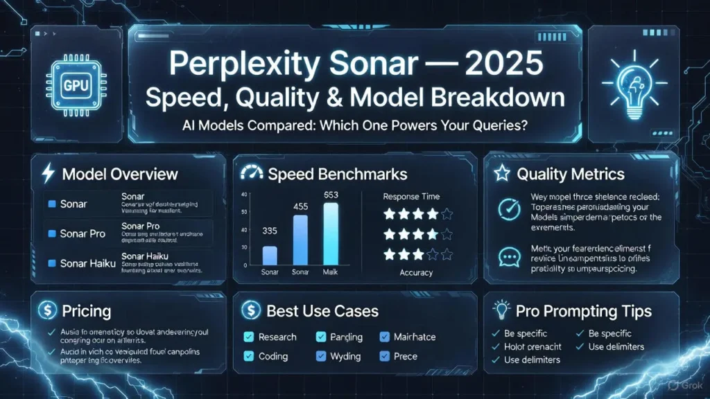“Futuristic 2025 infographic showing Perplexity Sonar model overview, speed benchmarks, quality metrics, pricing, and pro workflow tips.”