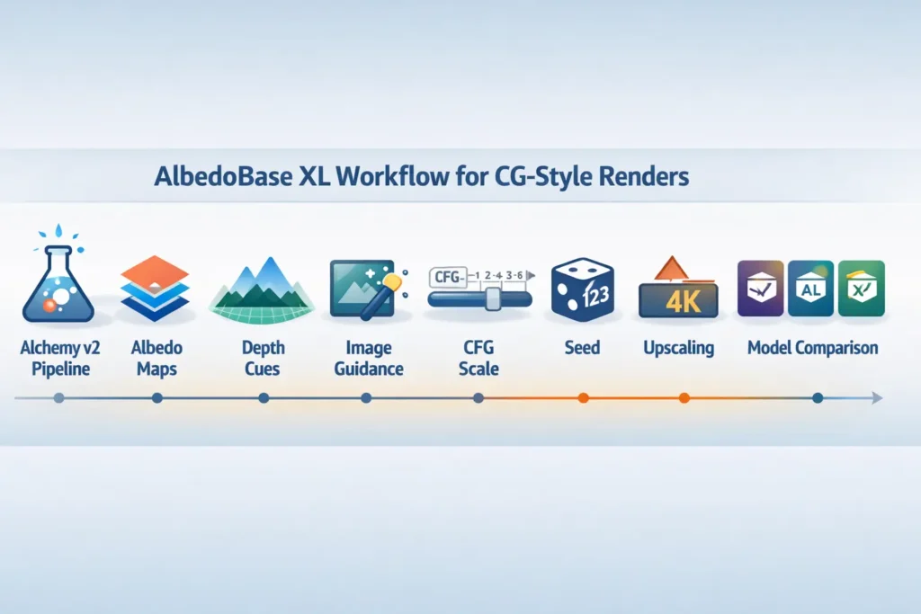 "AlbedoBase XL infographic illustrating Leonardo AI CG-style rendering workflow, Alchemy v2 pipeline, albedo maps, depth cues, and upscaling tips."