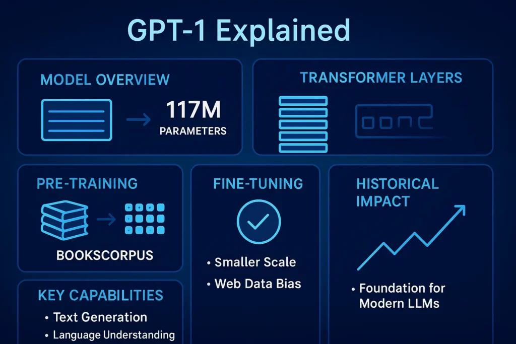 “GPT-1 architecture infographic showing transformer layers, pre-training workflow, fine-tuning steps, and key features in a clean modern layout.