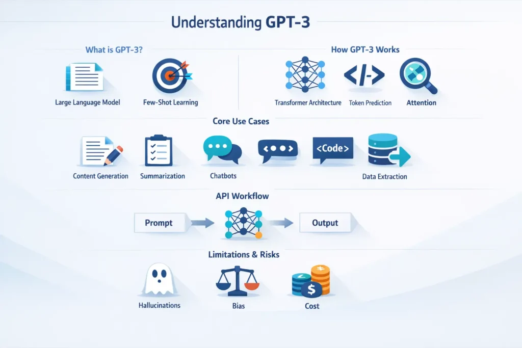 GPT-3 infographic showing how the large language model works, its transformer architecture, core use cases, API workflow, and key limitations