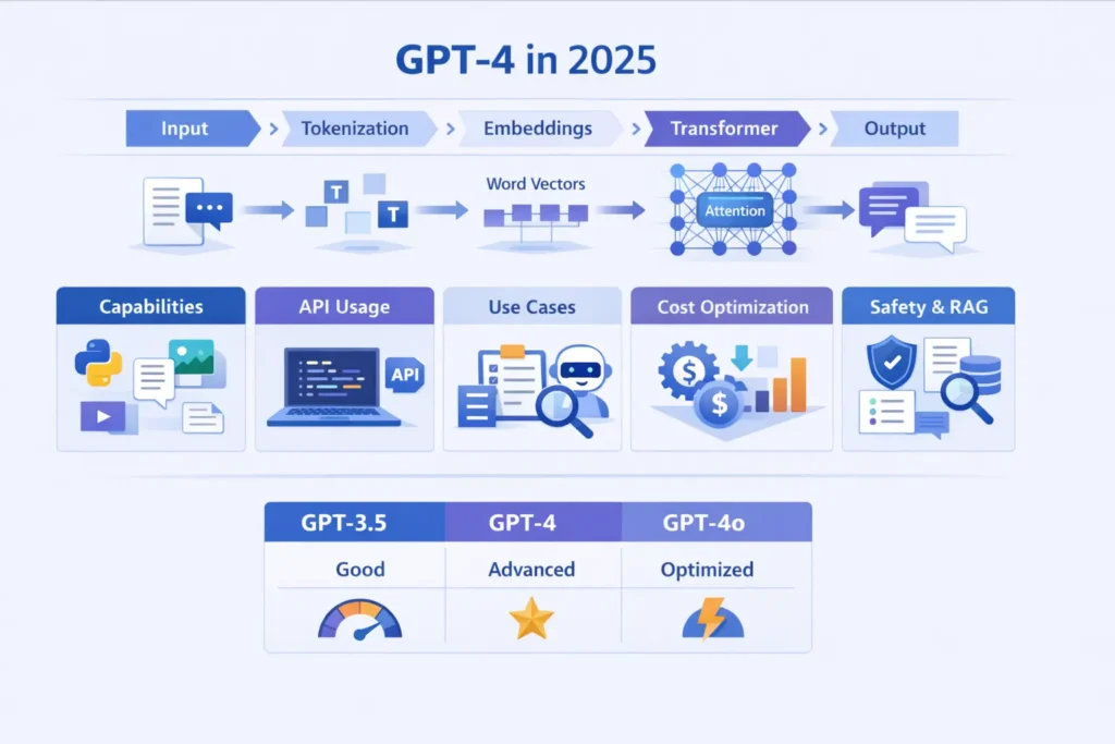GPT-4 infographic showing NLP architecture, capabilities, API workflow, use cases, and cost optimization in 2025