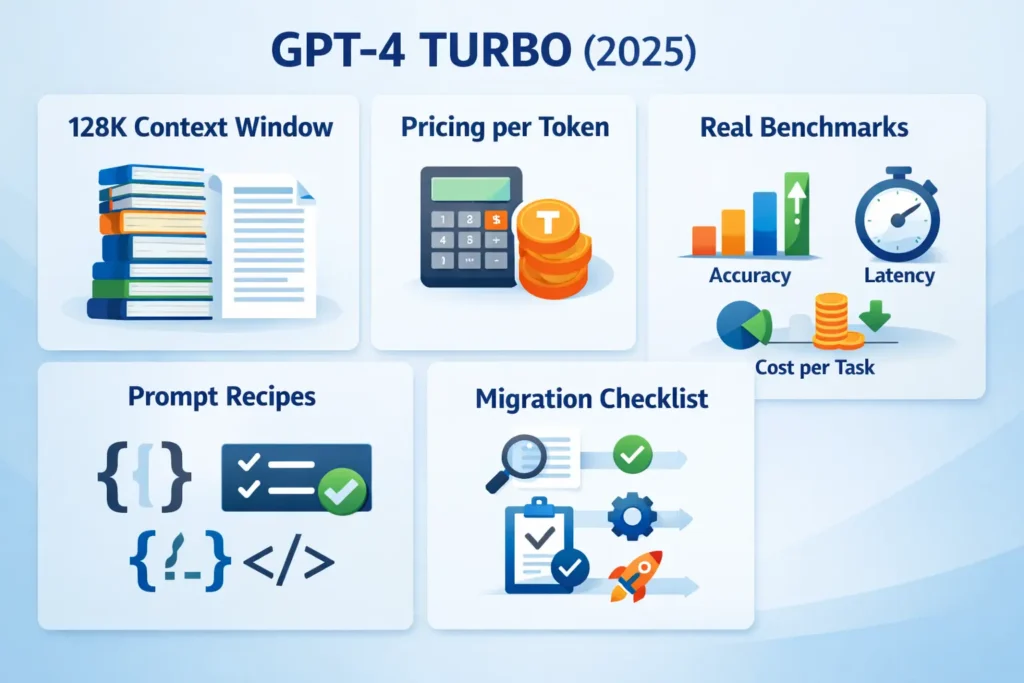 GPT-4 Turbo infographic showing 128K context window, token pricing, real benchmarks, prompt recipes, and migration checklist for production AI teams.
