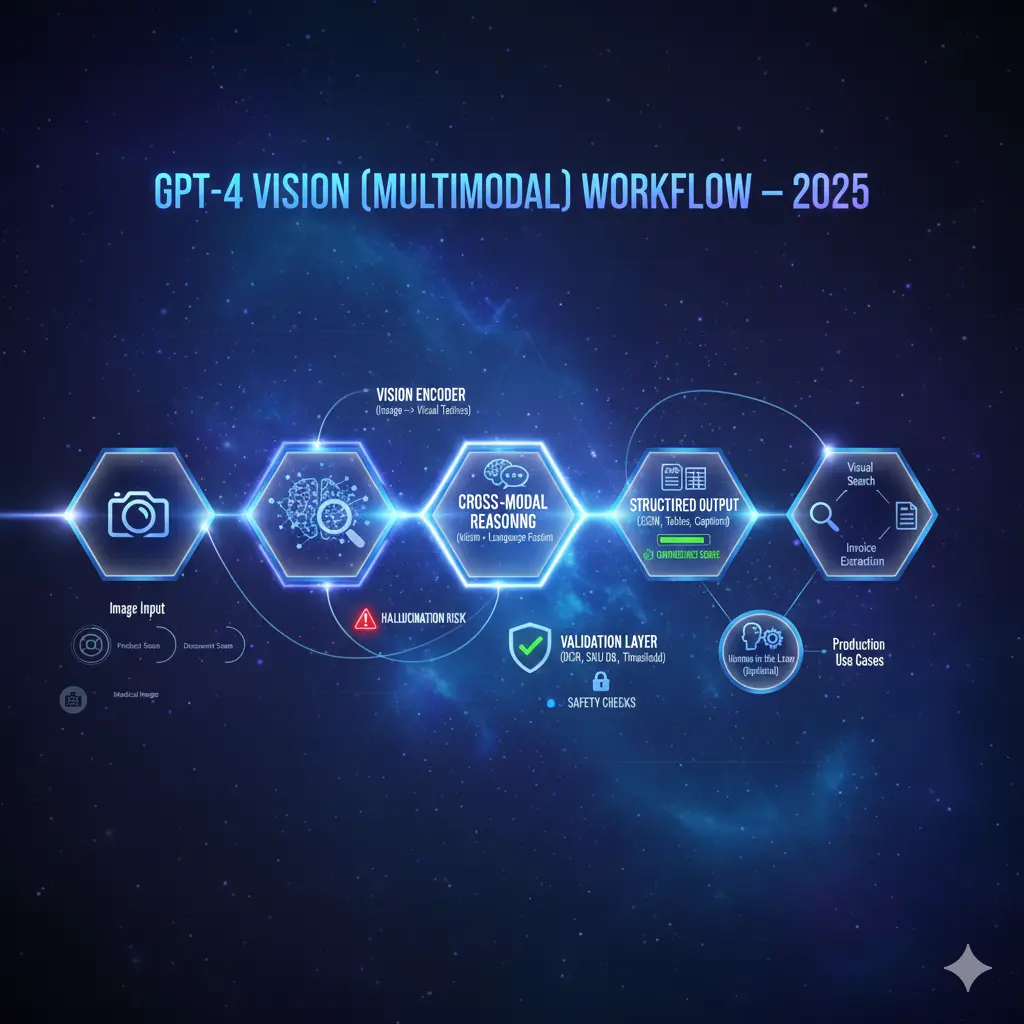 GPT-4 Vision multimodal workflow showing image input, vision encoder, cross-modal reasoning, validation, and structured output
