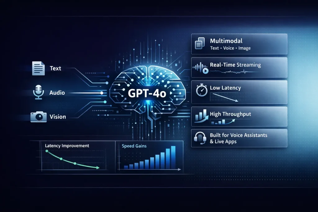 GPT-4o (GPT-4 Omni) infographic showing multimodal AI features, real-time voice, vision, and low-latency performance.