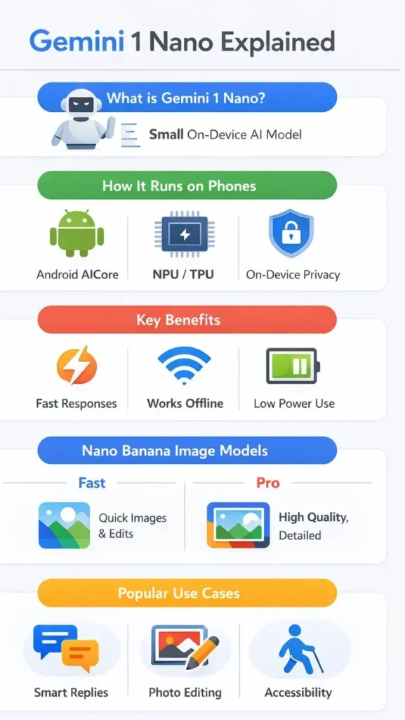 Infographic explaining Gemini 1 Nano, Google’s on-device AI model, showing how it runs on Android phones, key specs, Nano Banana image generation, and real-world use cases.