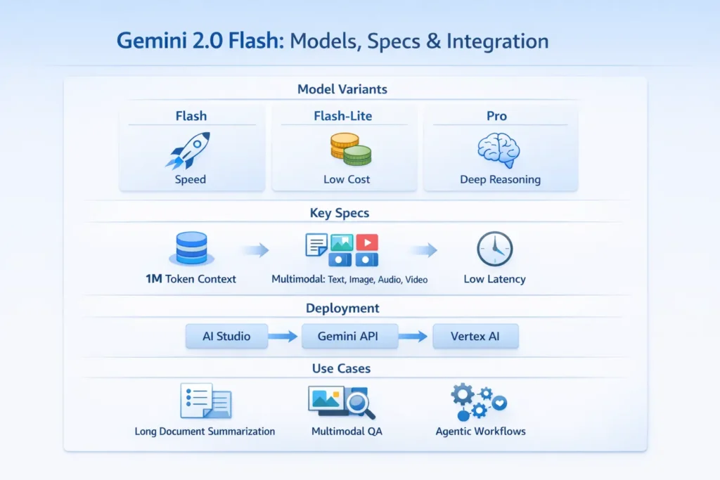 Gemini 2.0 Flash infographic showing model variants, 1M token context window, multimodal capabilities, and Vertex AI deployment workflow