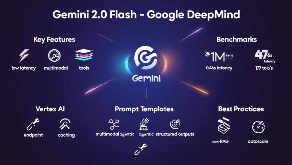 "Infographic showing Gemini 2.0 Flash features, benchmarks, Vertex AI integration, prompt templates, and best practices for interactive multimodal AI apps."
