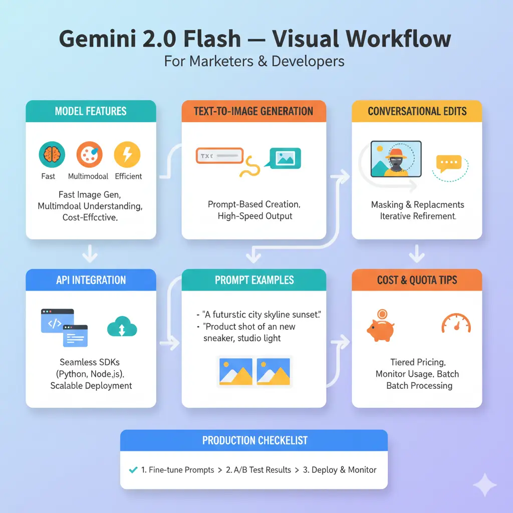 "Infographic of Gemini 2.0 Flash image preview showing features, API workflow, prompt recipes, cost tips, and production checklist for developers and marketers."