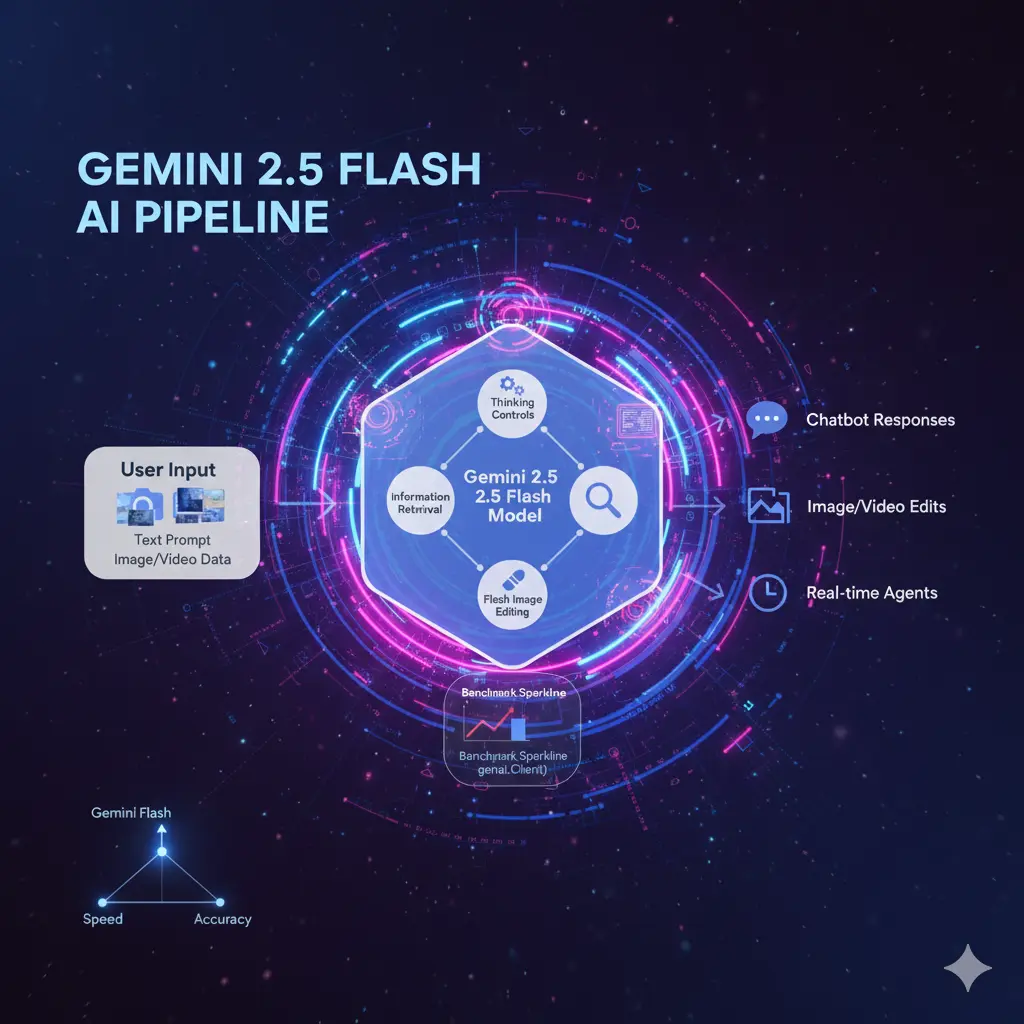 "Infographic showing Gemini 2.5 Flash AI workflow: user inputs (text/images) enter the model, undergo thinking controls and image editing, producing chat, image, and real-time agent outputs. Includes speed vs accuracy axis and sample code snippet."