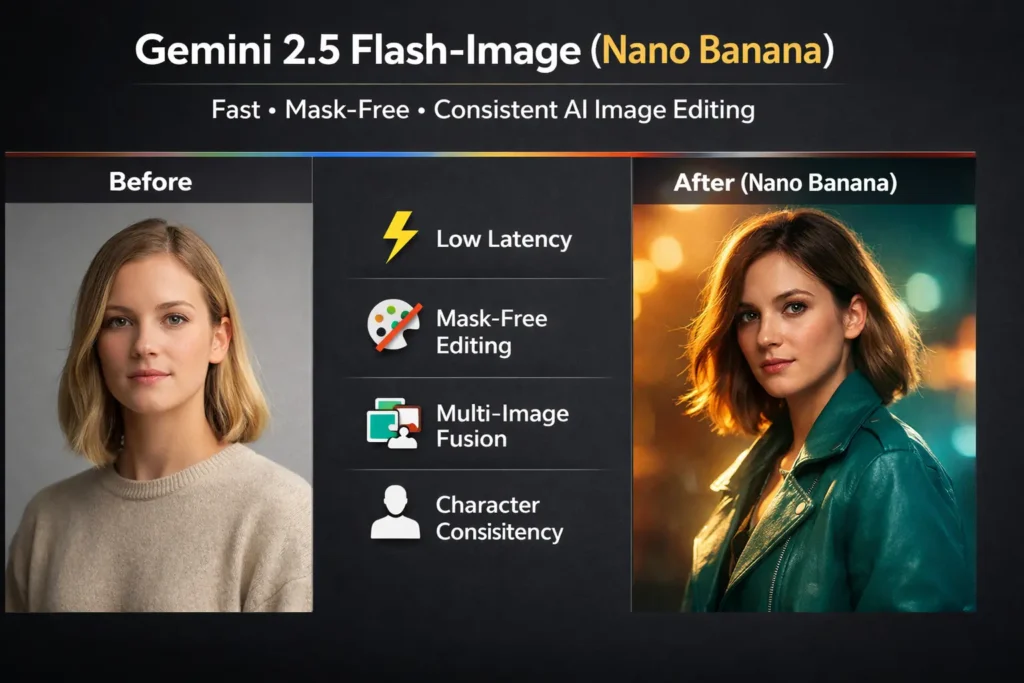 Gemini 2.5 Flash-Image (Nano Banana) infographic showing before-and-after AI image editing with mask-free edits, fast generation, and character consistency.