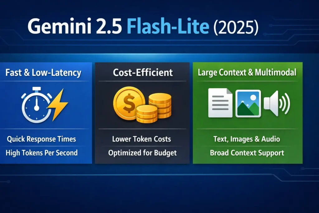 “Infographic showing Gemini 2.5 Flash-Lite 2025 key benefits: fast low-latency inference, cost-efficient token pricing, and support for large context and multimodal inputs including text, images, and audio.