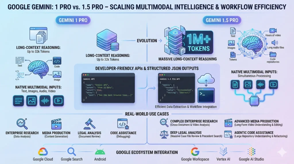"Infographic showing Google Gemini 1 Pro & 1.5 Pro AI features: long-context reasoning, multimodal inputs (text, images, audio, video), structured JSON outputs, developer APIs, and real-world workflows.