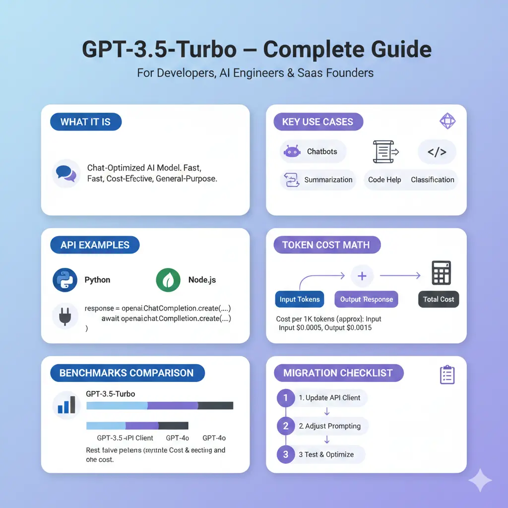 GPT-3.5-Turbo infographic showing API examples, token costs, benchmarks, and migration checklist compared with GPT-4o mini and GPT-4.