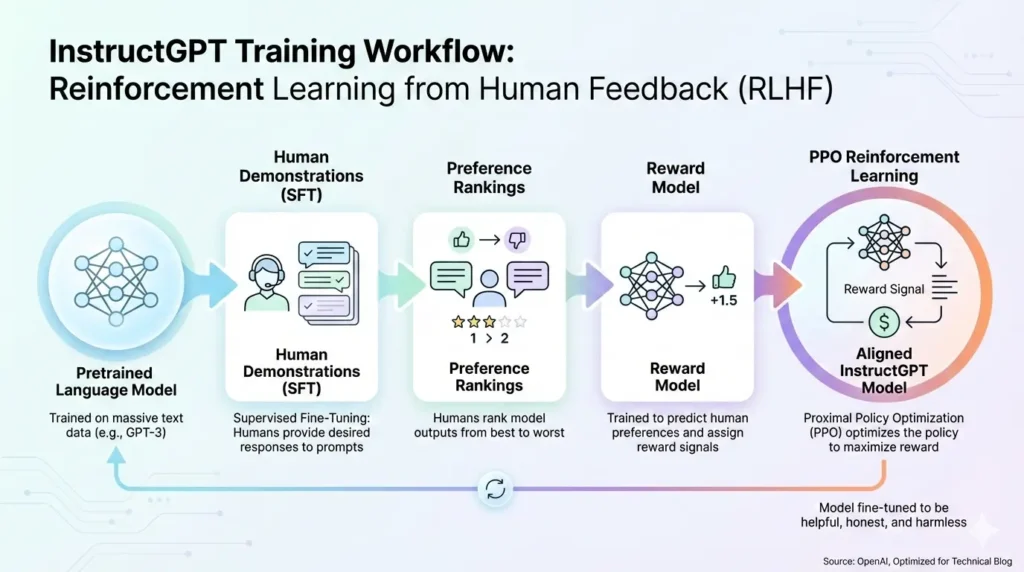InstructGPT RLHF training pipeline showing supervised fine-tuning, reward modeling, and PPO reinforcement learning for instruction-following language models
