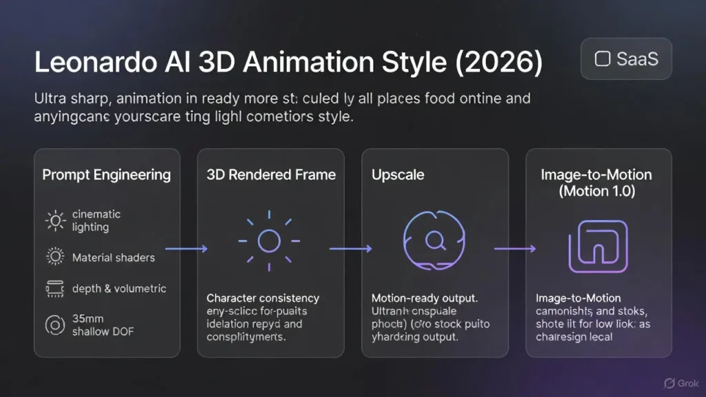 Leonardo AI 3D Animation Style infographic showing cinematic 3D render workflow, prompt structure, lighting, materials, and Image-to-Motion process.