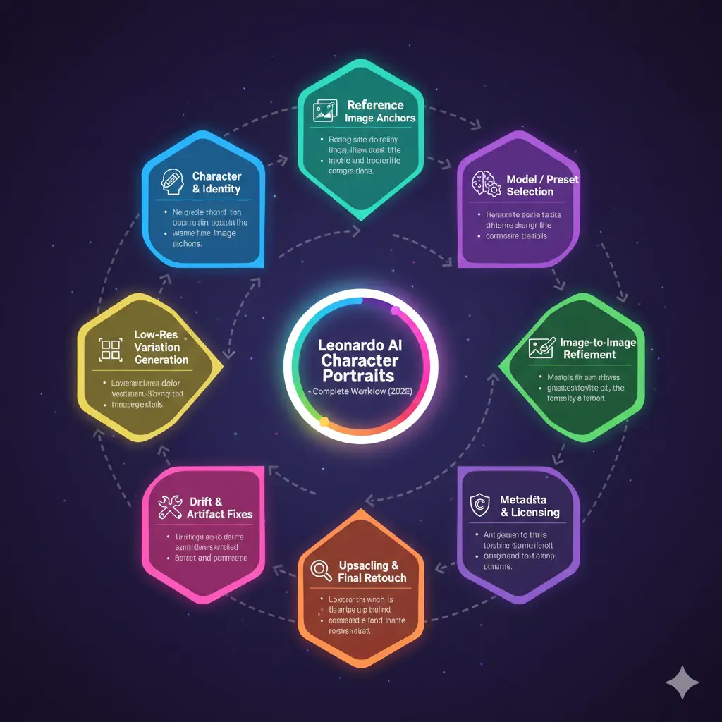 Infographic showing Leonardo AI character portrait workflow for 2025, including identity line, reference anchors, model selection, prompts, low-res variations, refinement, upscaling, and licensing.