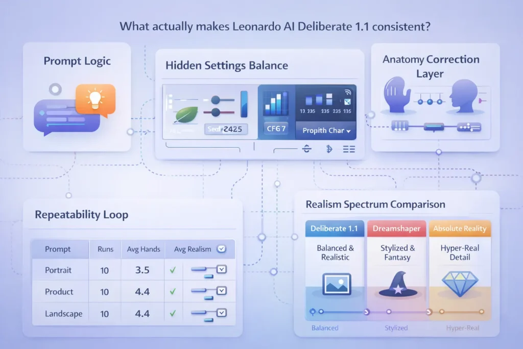 Leonardo AI Deliberate 1.1 infographic showing prompt engineering workflow, negative prompt fixes for hands, core settings, reproducible benchmarks, and model comparison.