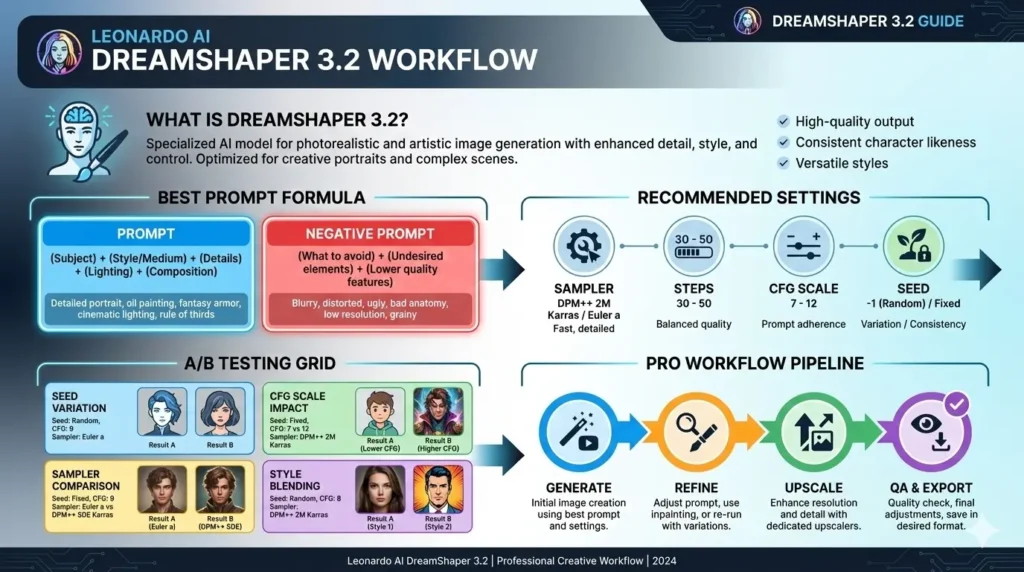 Leonardo AI DreamShaper 3.2 infographic showing prompts, best settings, A/B testing matrix, and pro workflow for stylized portraits