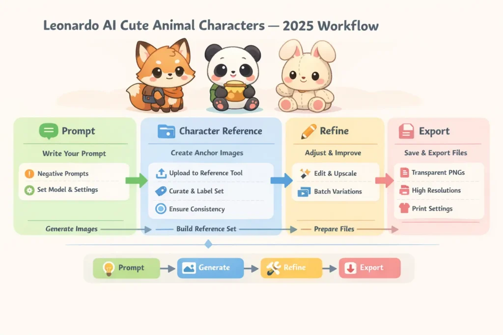 Leonardo AI cute animal characters infographic showing step-by-step workflow for creating consistent kawaii animal designs using prompts, Character Reference, and export settings in 2025.