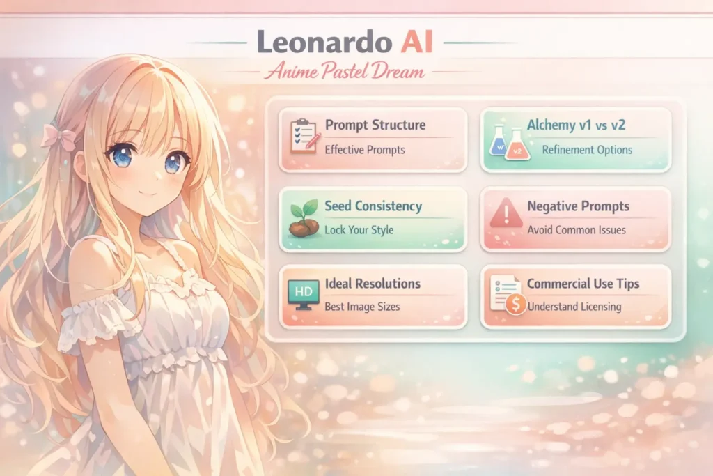 Complete visual guide to Leonardo AI’s Anime Pastel Dream —  , Alchemy, seeds, and settings for perfect pastel anime art.