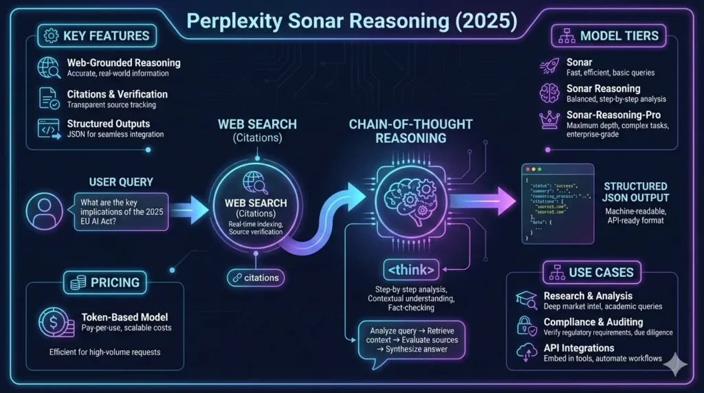Perplexity Sonar Reasoning infographic showing web-grounded AI workflow with chain-of-thought <think> reasoning, live citations, and structured JSON output for developers.