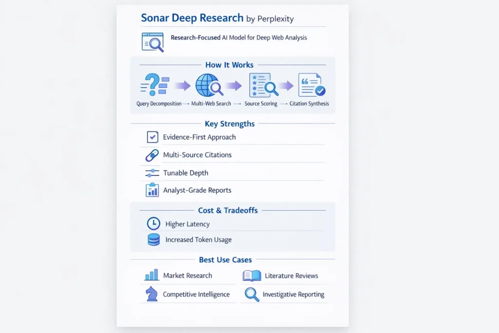 Infographic explaining Sonar Deep Research by Perplexity, showing how the AI model performs multi-step web searches, evaluates sources, and generates citation-based research reports.