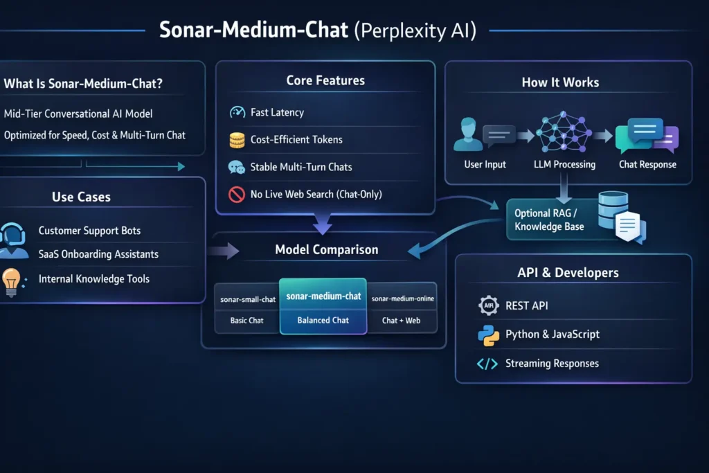 Sonar-Medium-Chat infographic showing Perplexity AI chat model features, architecture, API workflow, use cases, and comparison with other Sonar models in 2025