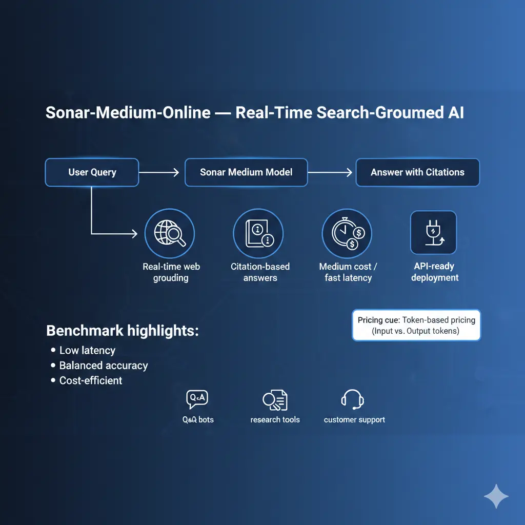Sonar-Medium-Online infographic showing Perplexity’s real-time search-grounded AI model, key features, benchmarks, pricing overview, and API use cases.