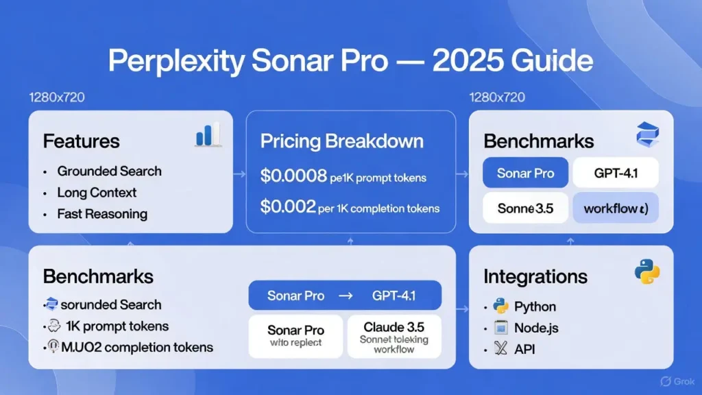 “Infographic summarizing Perplexity Sonar Pro features, pricing, benchmarks, and API integrations in a clean tech layout.