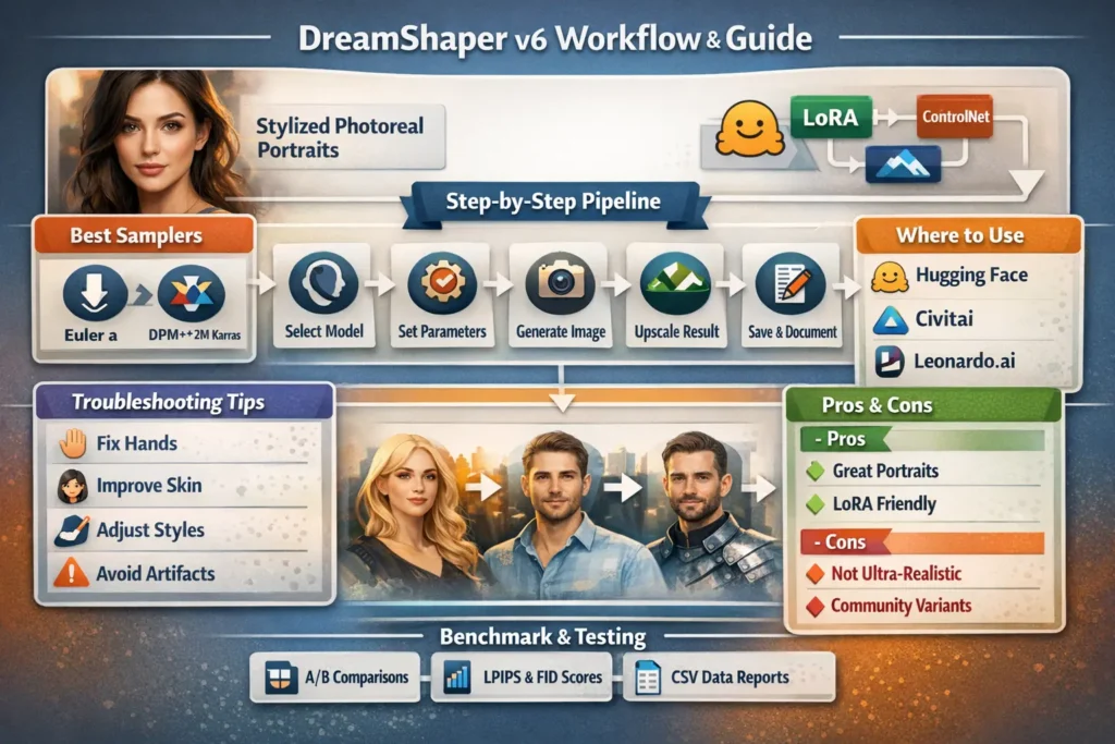  "Infographic showing DreamShaper v6 workflow, including photoreal portrait generation, LoRA & ControlNet usage, best samplers, reproducible prompts, platform availability, troubleshooting tips, and benchmark methodology."