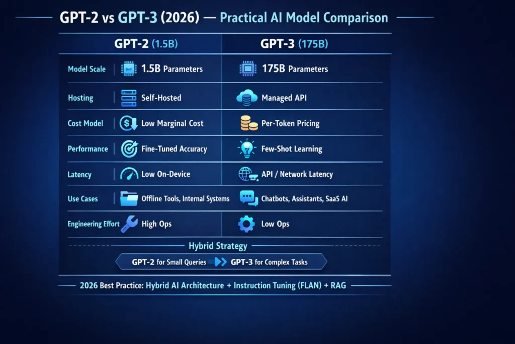 GPT-2 vs GPT-3 comparison infographic showing parameters, use cases, cost, latency, hosting differences, and strengths in 2026 AI models.
