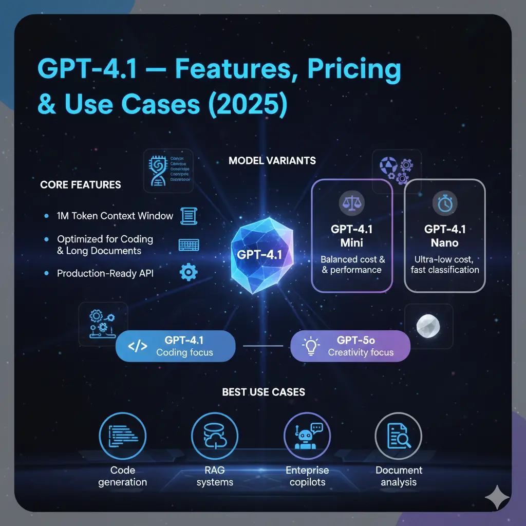 GPT-4.1 infographic showing 1M token context window, GPT-4.1 Mini and Nano variants, pricing tiers, and comparison with GPT-4o for coding and long-document use cases.
