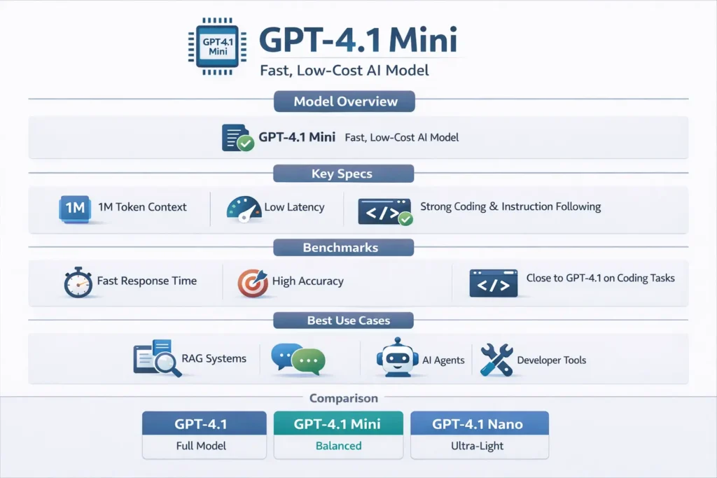 GPT-4.1 Mini infographic showing model specs, 1M token context window, benchmarks, pricing comparison, and best use cases versus GPT-4.1 and Nano.