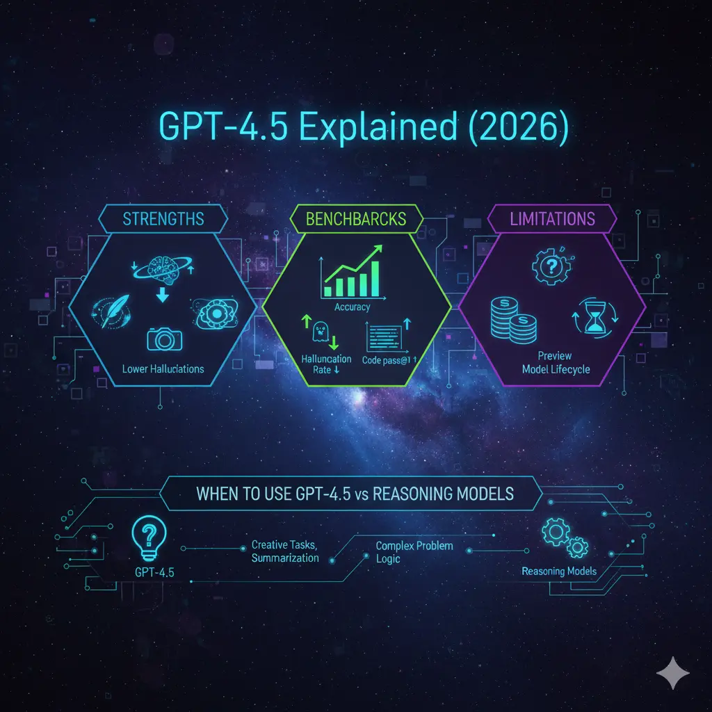 GPT-4.5 infographic showing strengths, benchmarks, hallucination reduction, limitations, and when to use GPT-4.5 versus reasoning models in 2025.