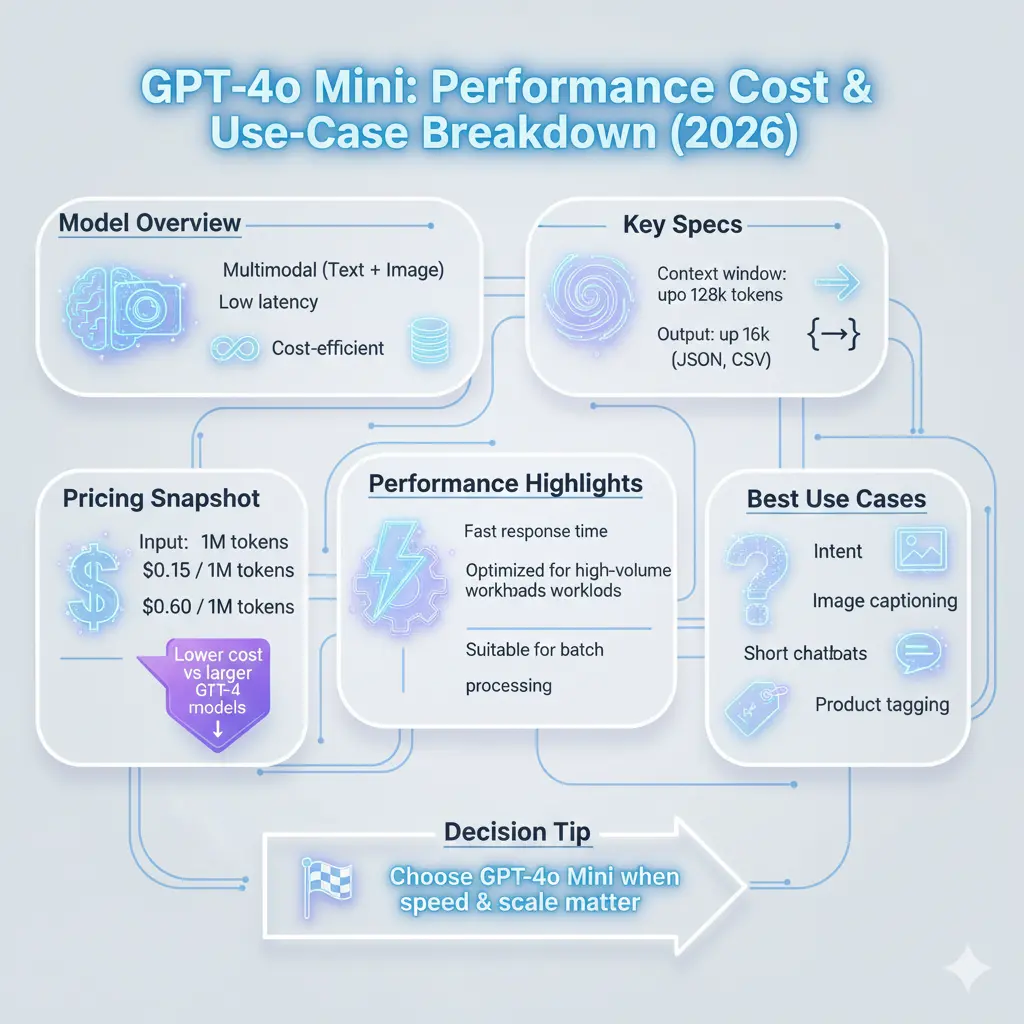GPT-4o Mini infographic showing pricing, performance benchmarks, context window, and best use cases for low-latency, cost-efficient AI workloads in 2026.