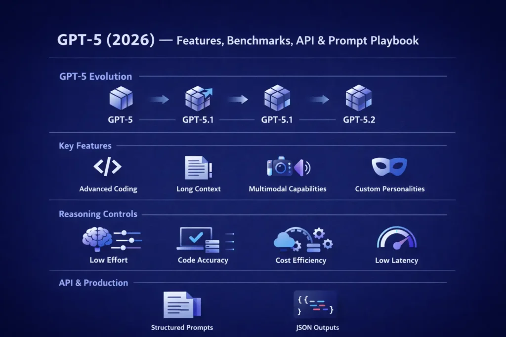 GPT-5 infographic showing features, benchmarks, API controls, reasoning effort levels, prompt playbook, and production use cases in 2026.
