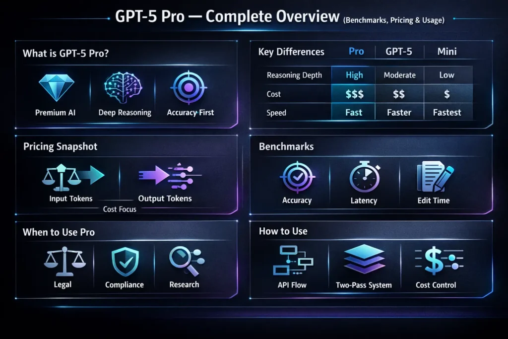 GPT-5 Pro infographic showing pricing, benchmarks, reasoning depth, API usage, and when to choose GPT-5 Pro over other AI models.