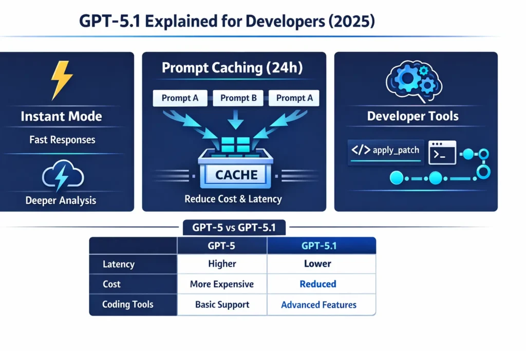  GPT-5.1 infographic showing Instant vs Thinking modes, prompt caching benefits, apply_patch coding tools, and GPT-5 vs GPT-5.1 comparison for developers.