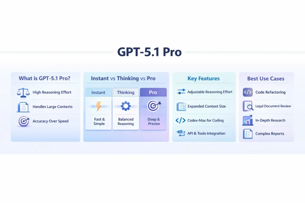 Infographic showing GPT-5.1 Pro features, including high reasoning effort, large context handling, API usage, and comparison with Instant and Thinking models.