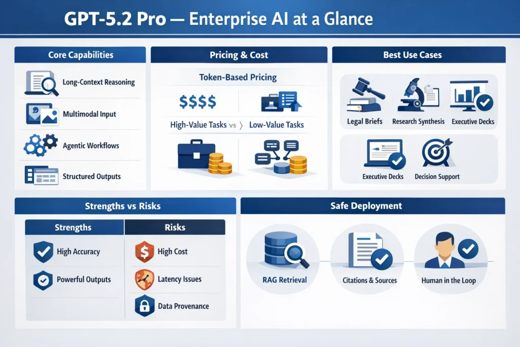 GPT-5.2 Pro infographic showing enterprise AI capabilities, pricing comparison, key use cases, strengths, risks, and safe deployment best practices.